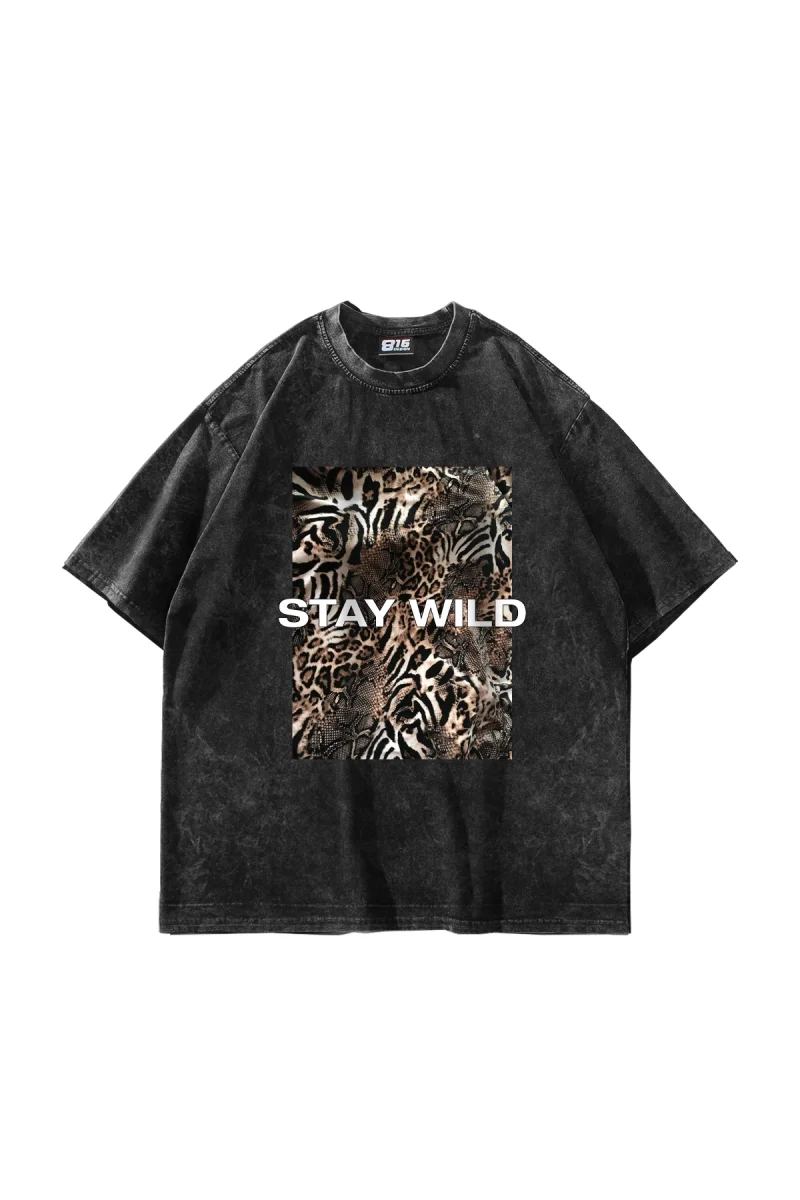 Pano Baskı Stay Wild Leopar 24/1 Oversize Unisex Yıkamalı Siyah Tshirt