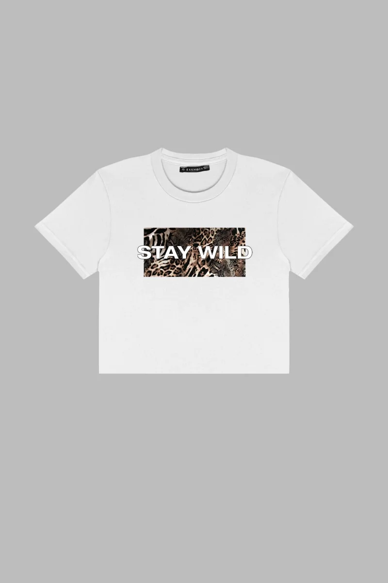 Stay Wild Leopar Baskılı Beyaz Crop Top