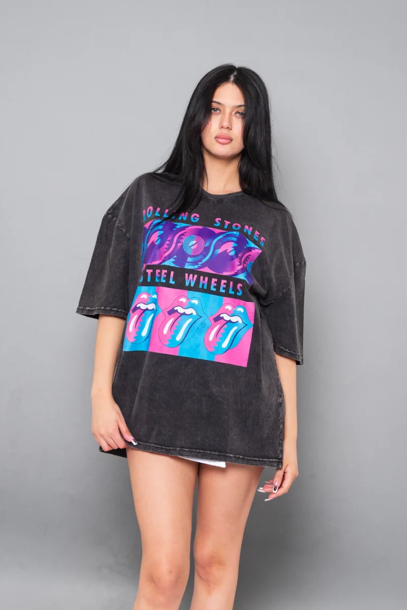 Steel Wheel Baskılı Oversize Unisex Yıkamalı Siyah Tshirt