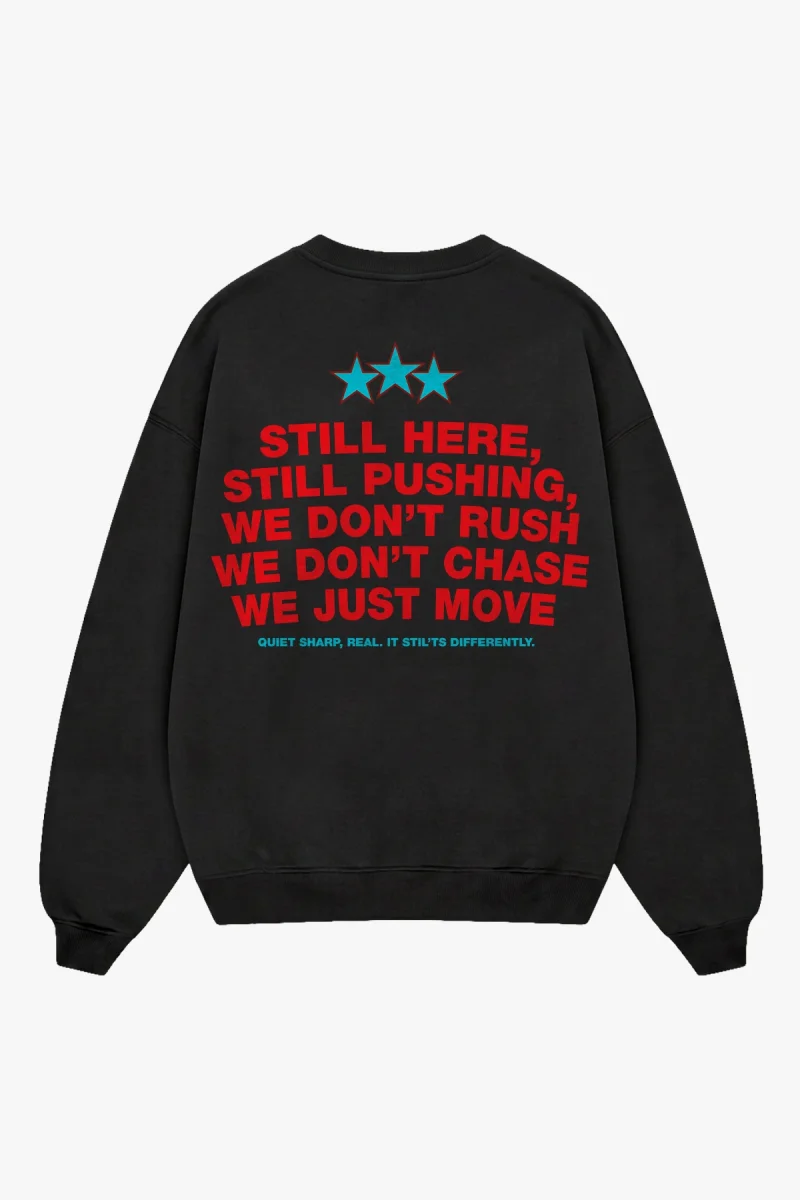Still Moving Baskılı Kapüşonsuz Oversize Siyah Erkek Sweatshirt