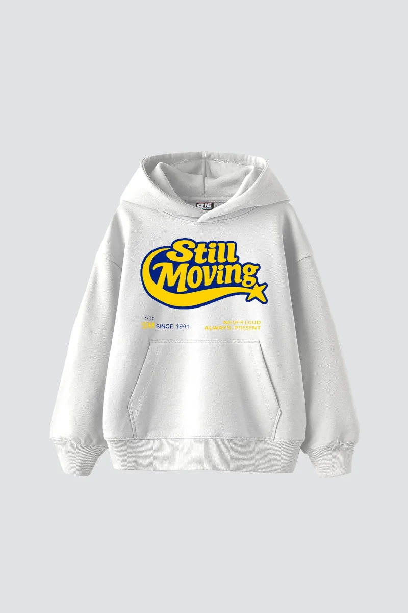 Still Moving Baskılı Oversize Unisex Beyaz Hoodie