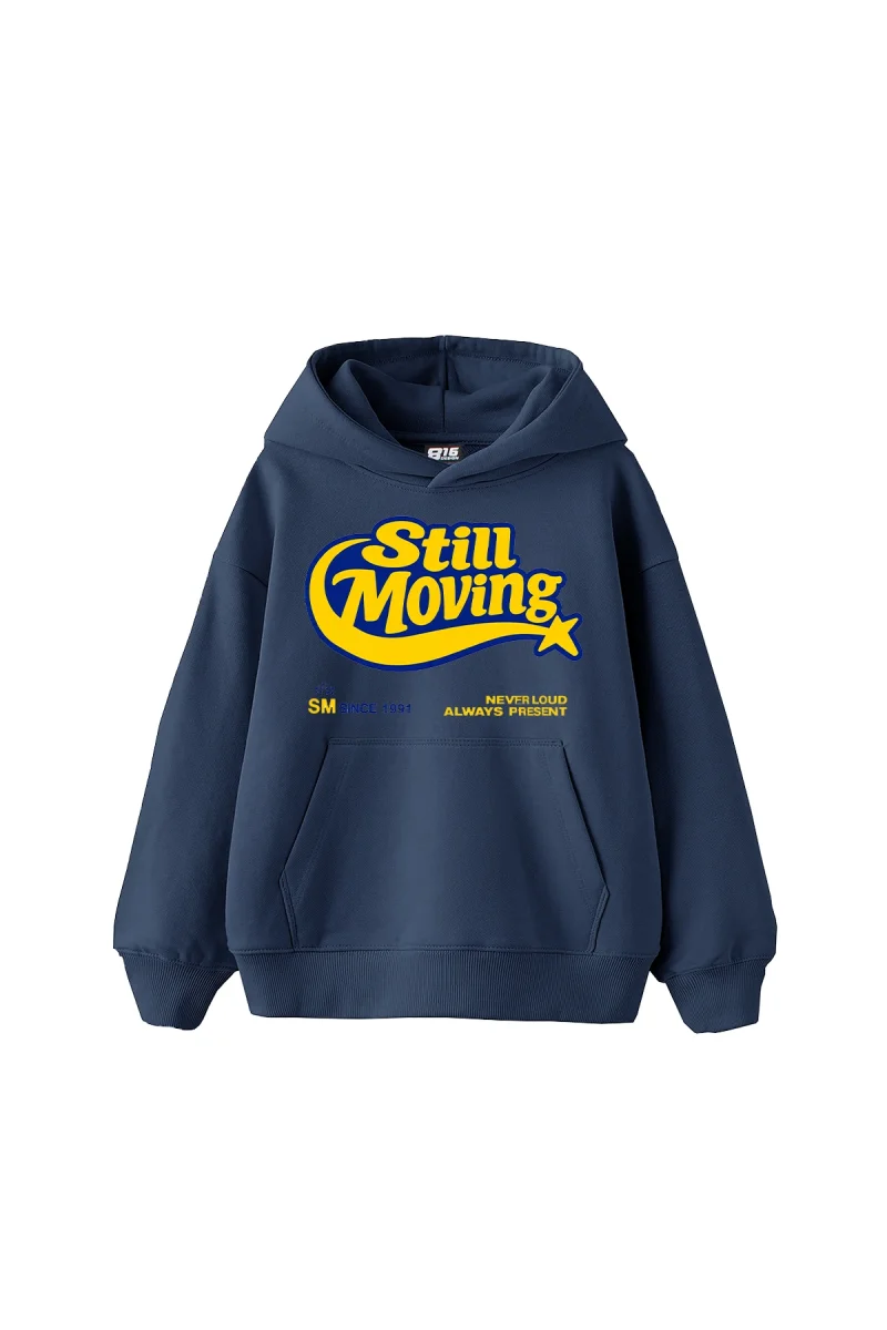 Still Moving Baskılı Oversize Unisex İndigo Hoodie