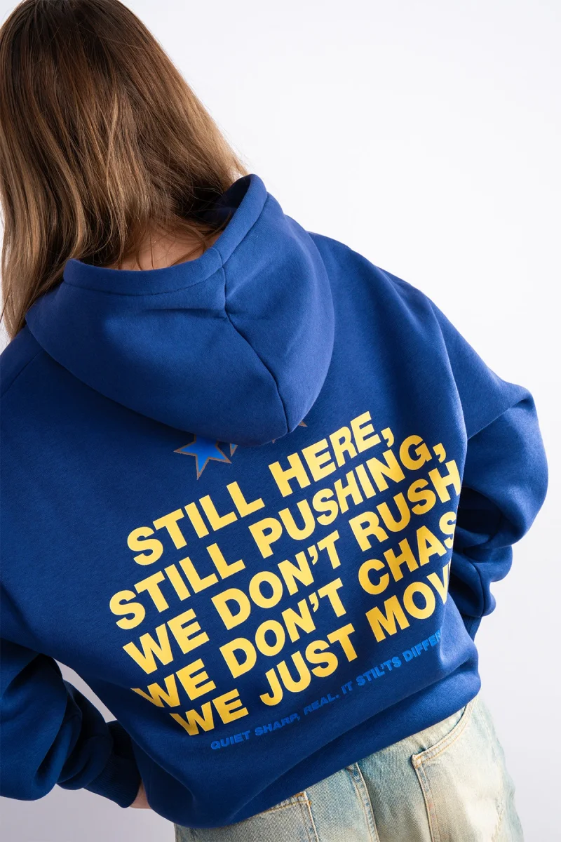 Still Moving Baskılı Oversize Unisex İndigo Hoodie