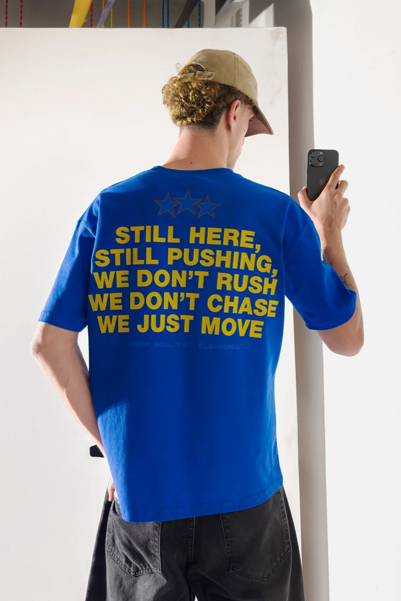 Still Moving Baskılı Oversize Unisex Mavi Tshirt