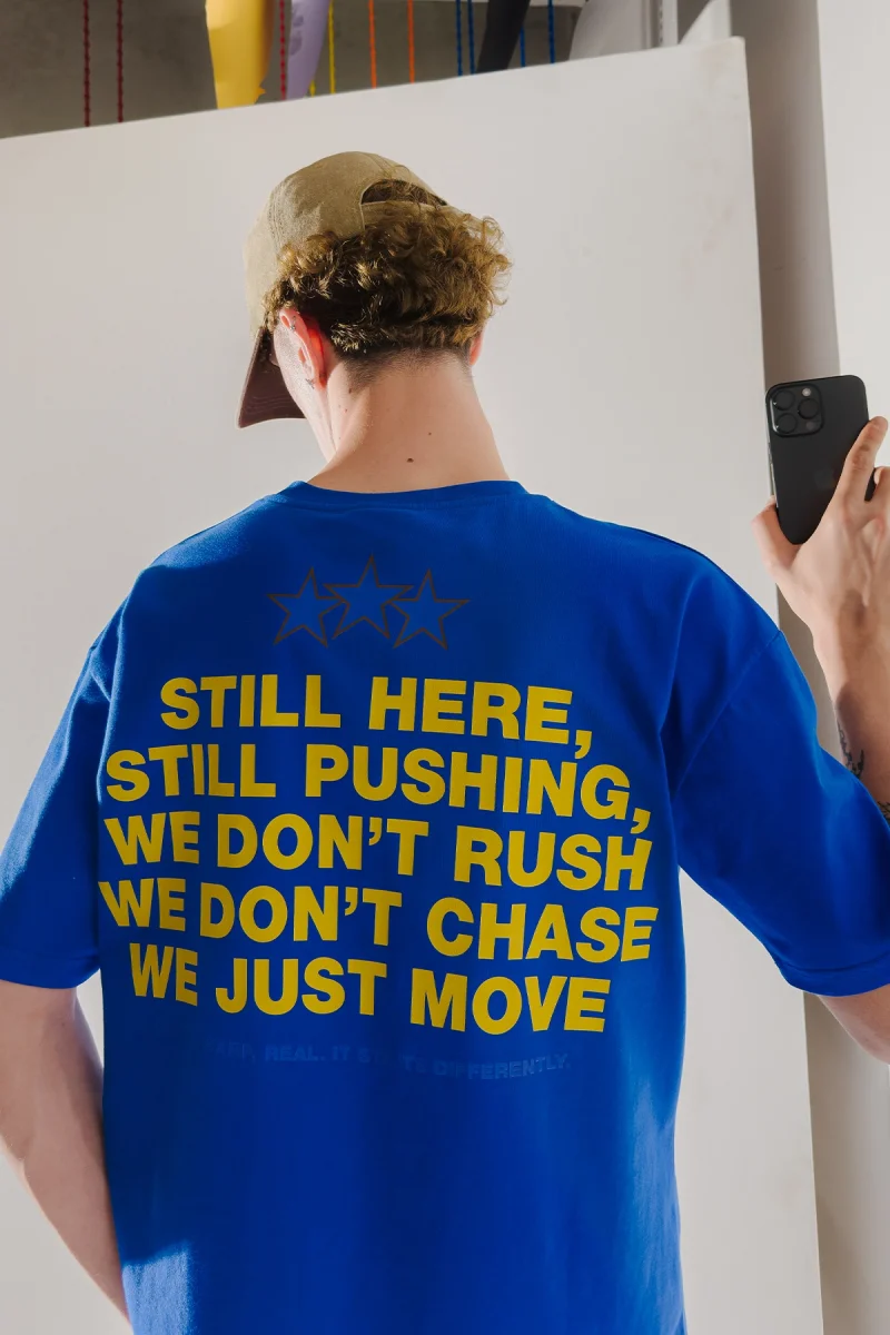 Still Moving Baskılı Oversize Unisex Mavi Tshirt