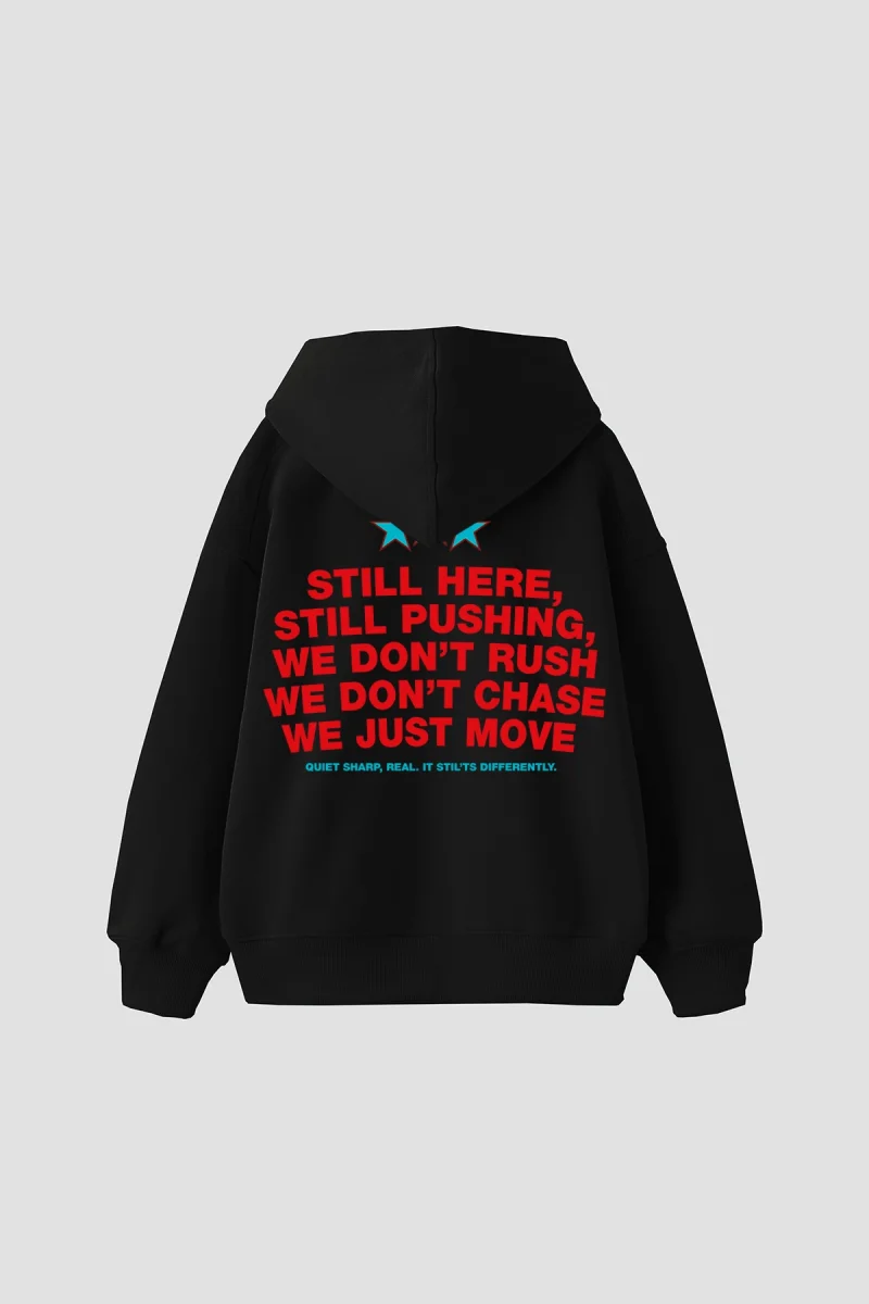 Still Moving Baskılı Oversize Unisex Siyah Hoodie
