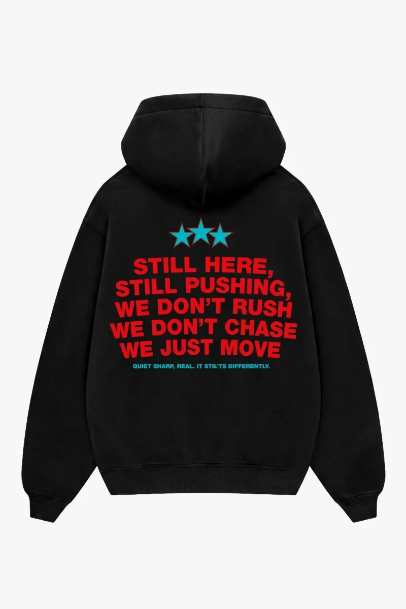 Still Moving Baskılı Oversize Unisex Siyah Hoodie