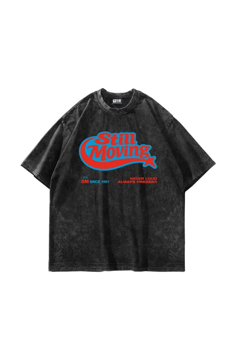 Still Moving Baskılı Oversize Unisex Yıkamalı Siyah Tshirt