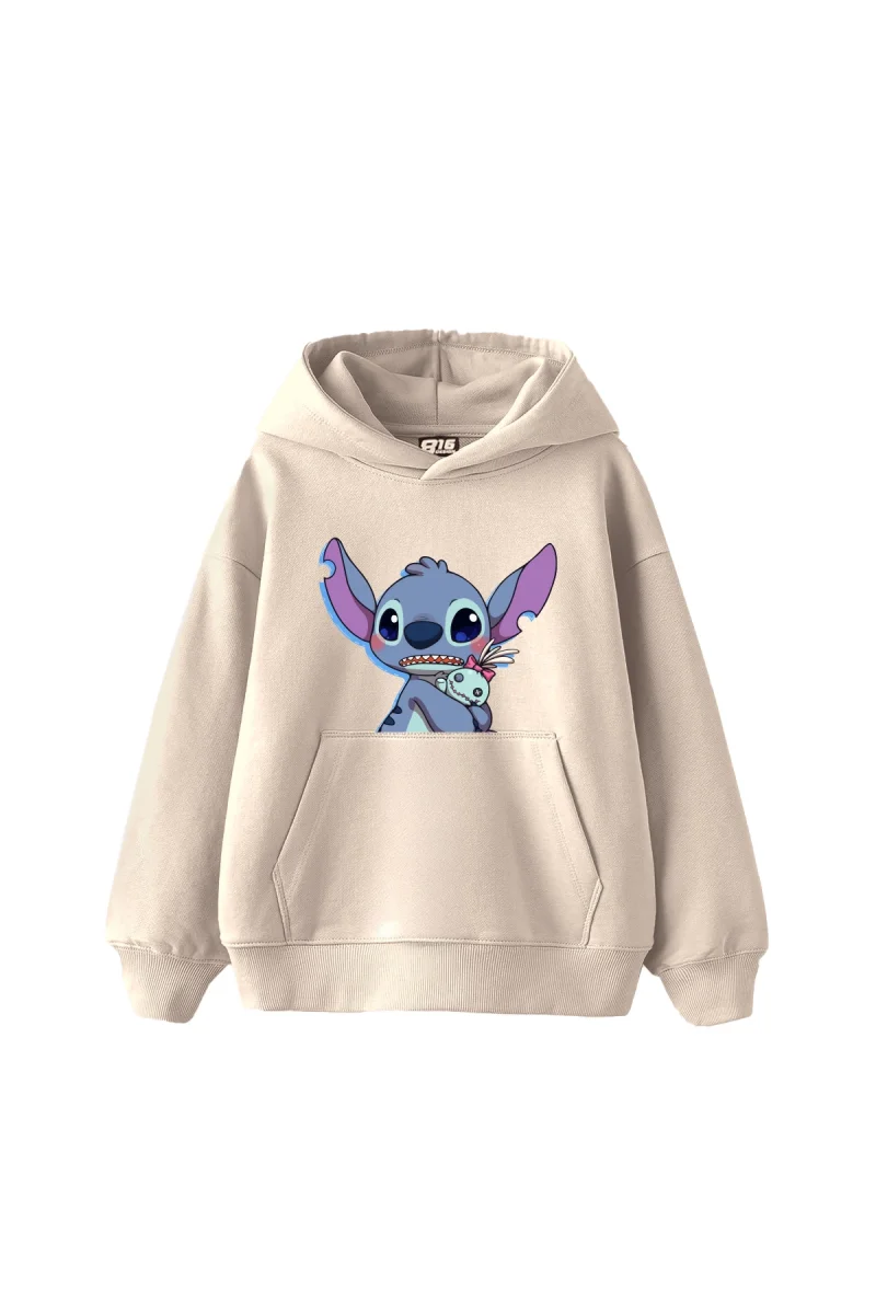 Stitch Baby Baskılı Oversize Unisex Bej Hoodie