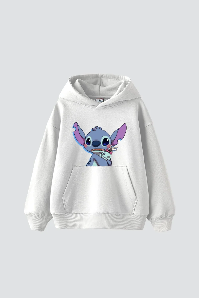Stitch Baby Baskılı Oversize Unisex Beyaz Hoodie