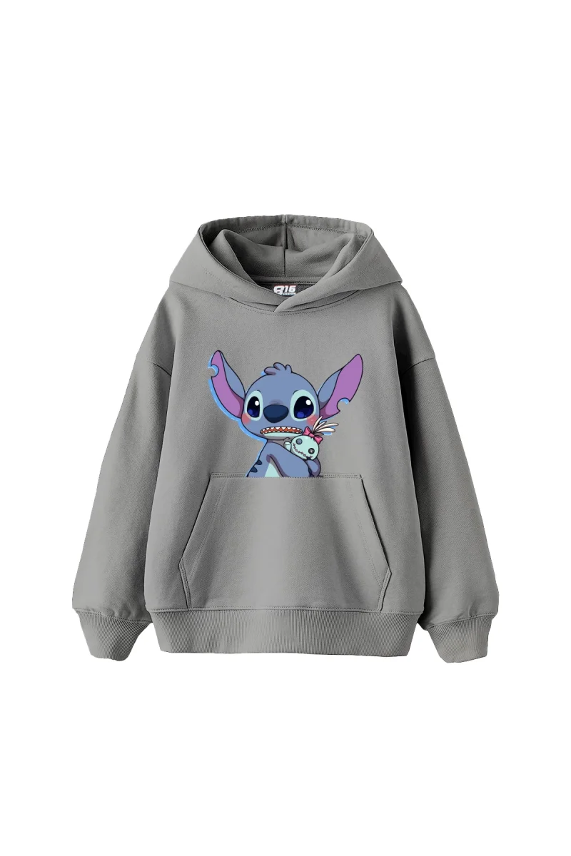 Stitch Baby Baskılı Oversize Unisex Gri Hoodie