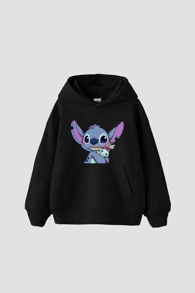 Stitch Baby Baskılı Oversize Unisex Siyah Hoodie