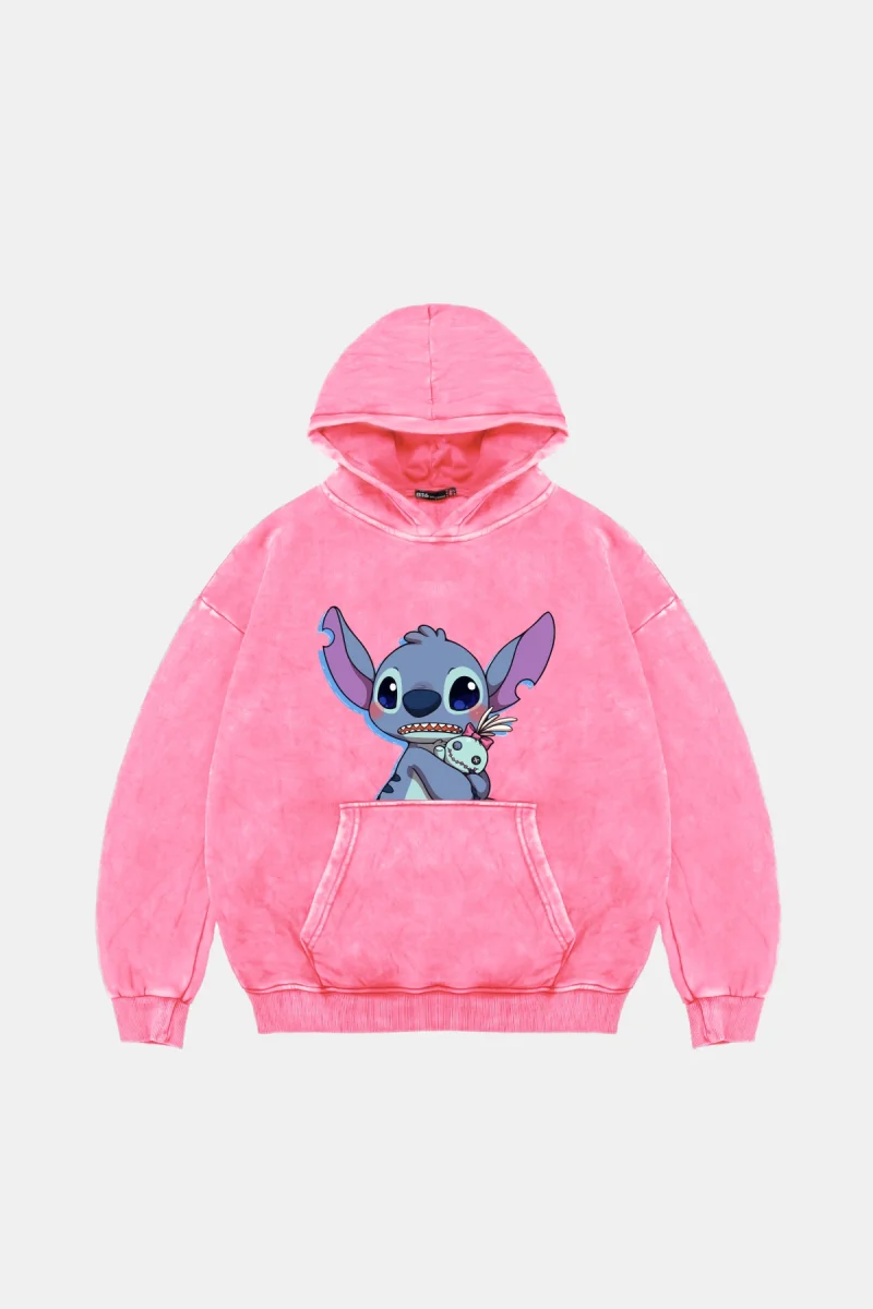 Stitch Baby Baskılı Oversize Unisex Yıkamalı Pembe Hoodie