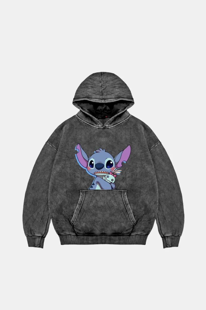 Stitch Baby Baskılı Oversize Unisex Yıkamalı Siyah Hoodie