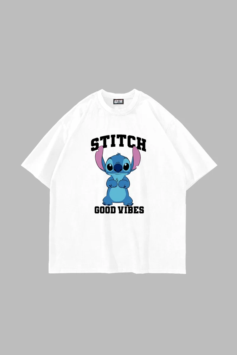 Stitch Good Vibes Baskılı Oversize Unisex Beyaz Tshirt