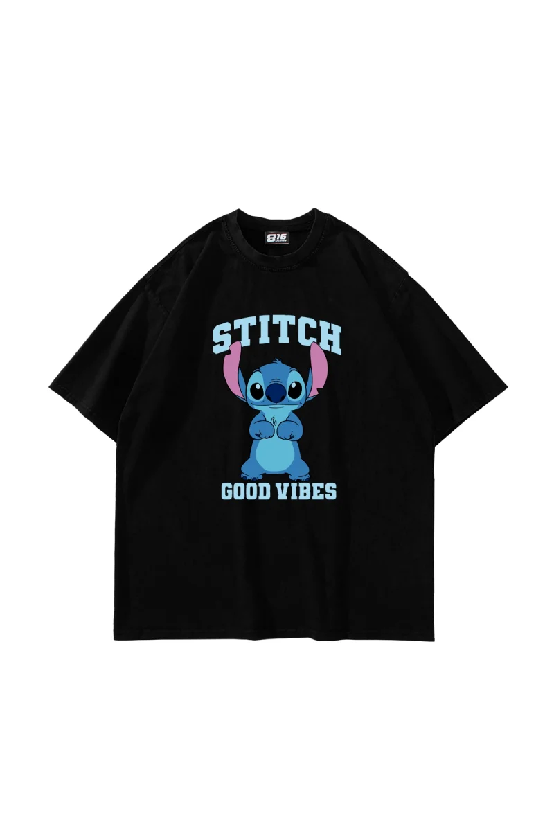 Stitch Good Vibes Baskılı Oversize Unisex Siyah Tshirt