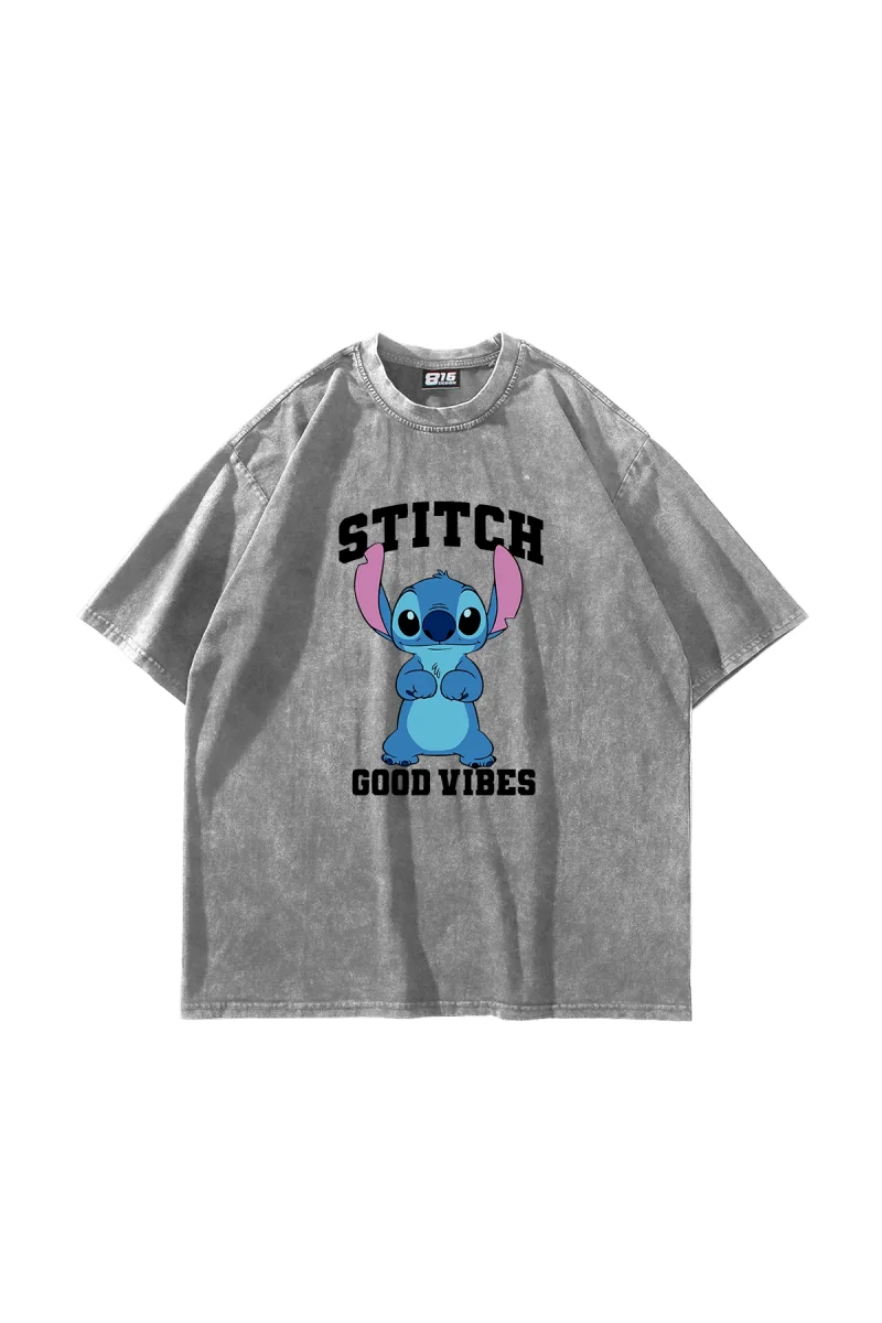 Stitch Good Vibes Baskılı Oversize Unisex Yıkamalı Beyaz Tshirt