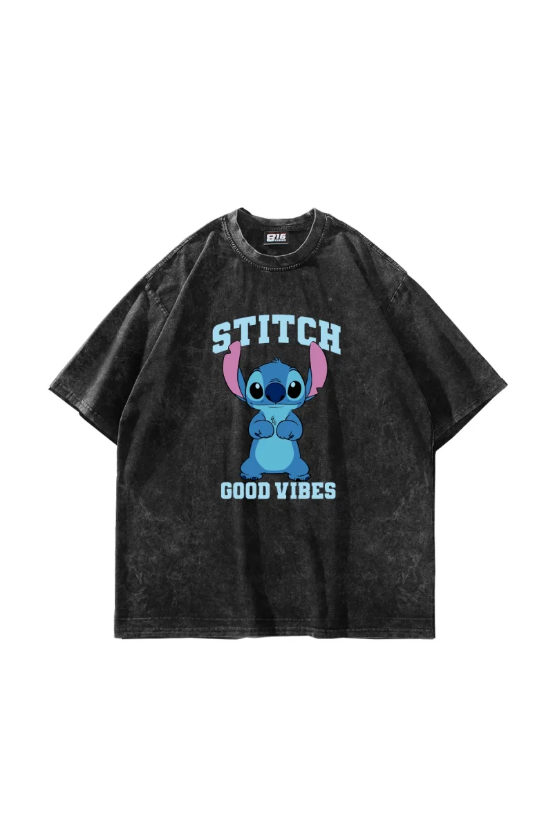 Stitch Good Vibes Baskılı Oversize Unisex Yıkamalı Siyah Tshirt