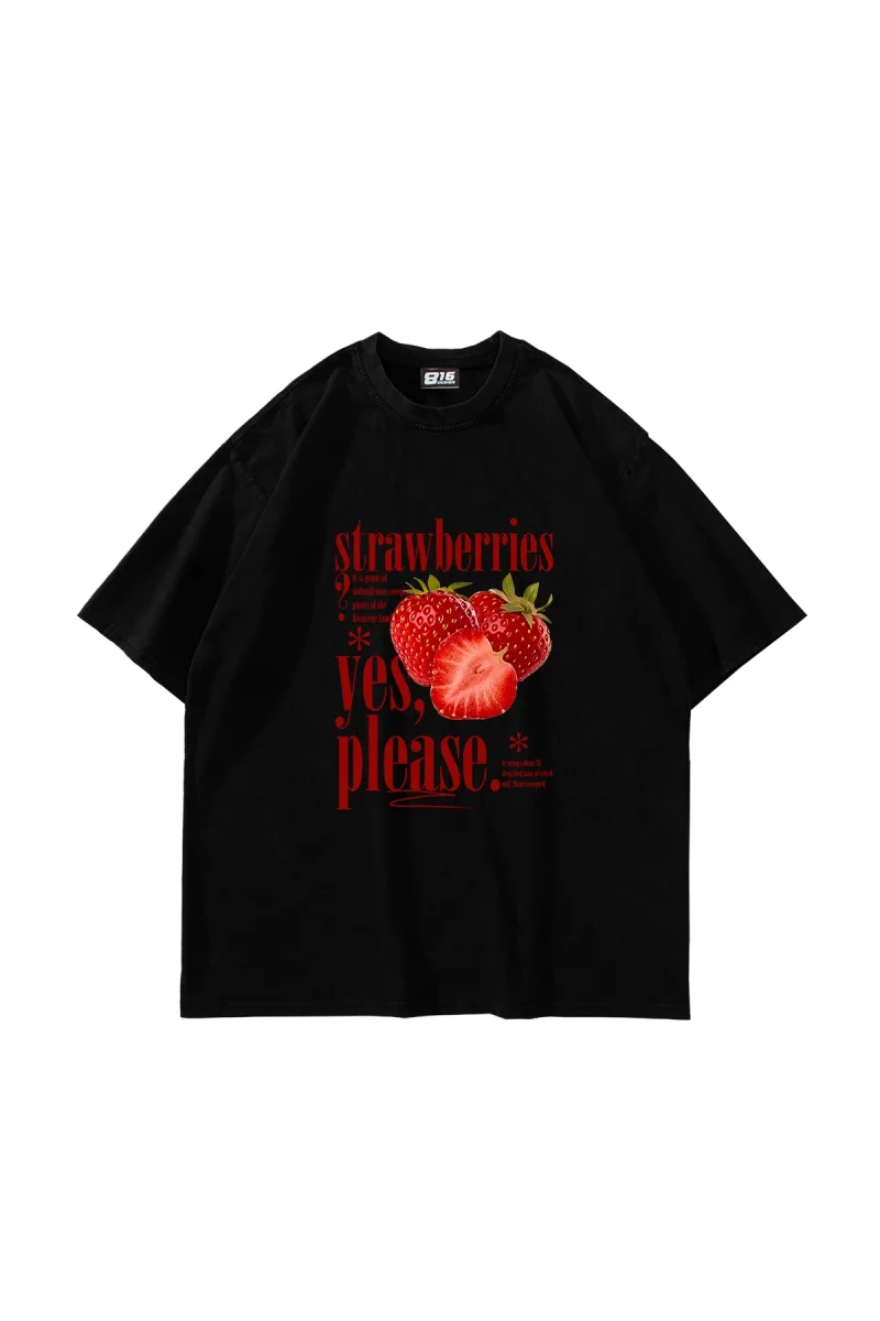Strawberries Baskılı Oversize Unisex Siyah Tshirt