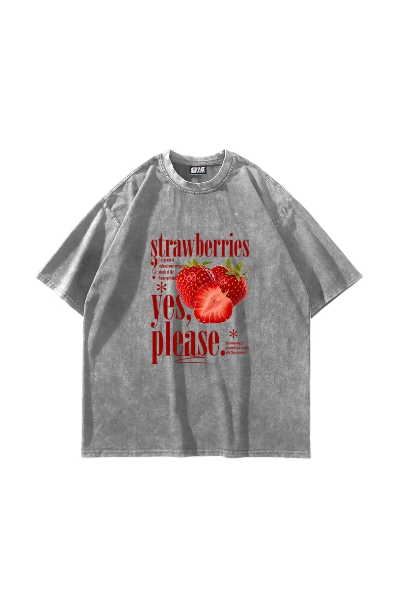 Strawberries Baskılı Oversize Unisex Yıkamalı Beyaz Tshirt