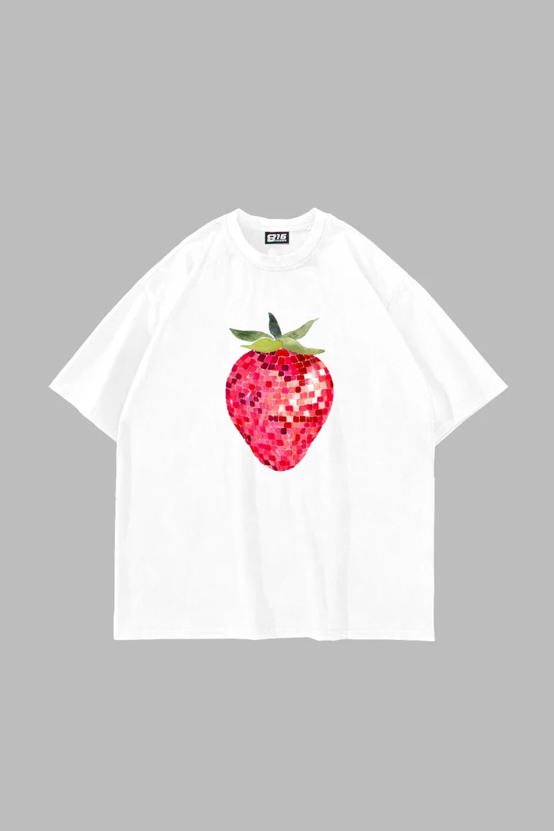 Strawberry Disco Baskılı Oversize Unisex Beyaz Tshirt