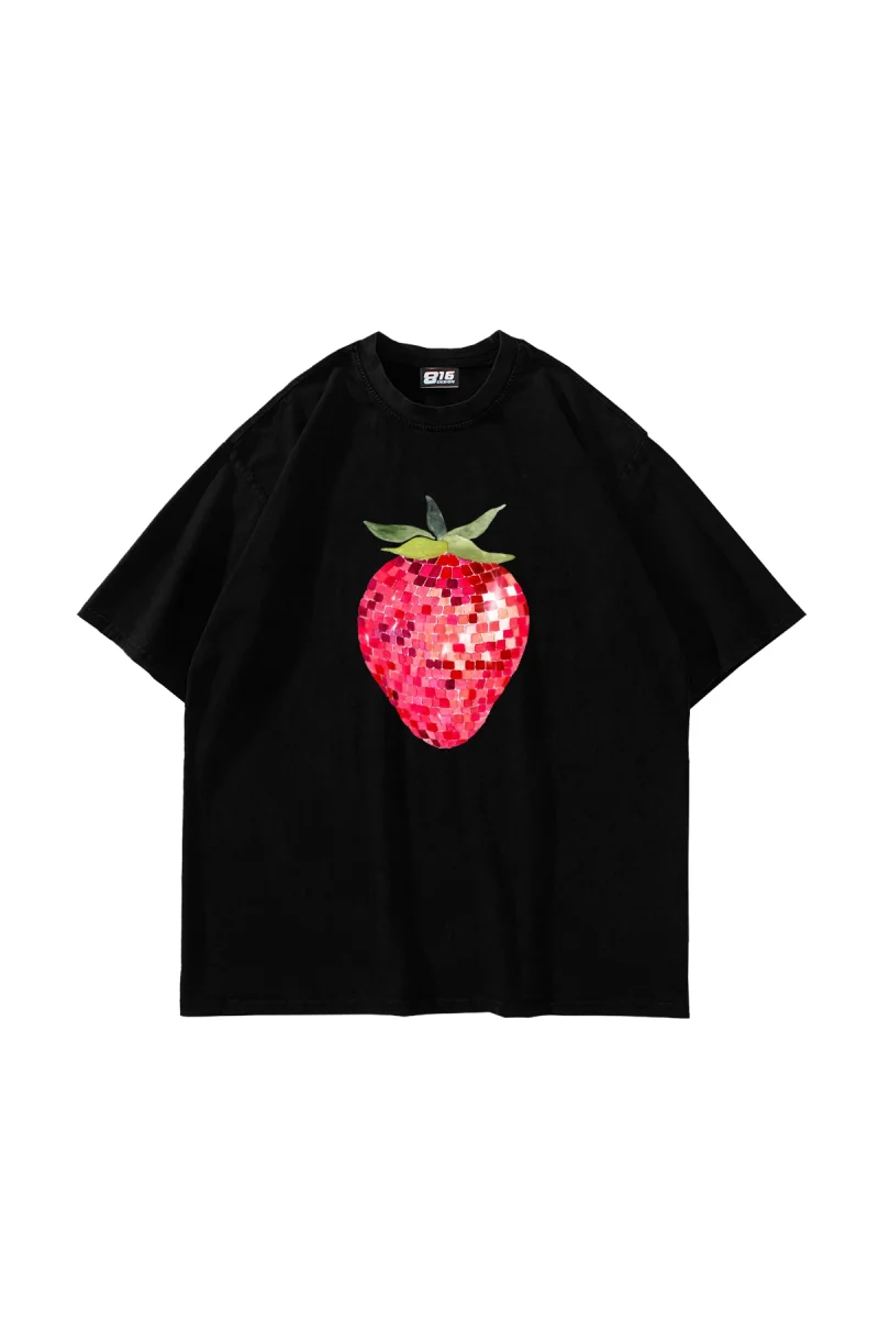 Strawberry Disco Baskılı Oversize Unisex Siyah Tshirt
