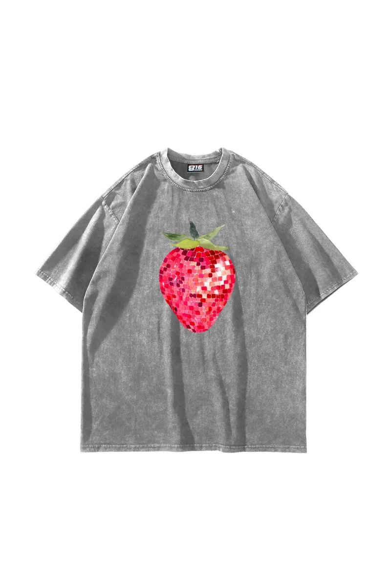 Strawberry Disco Baskılı Oversize Unisex Yıkamalı Beyaz Tshirt