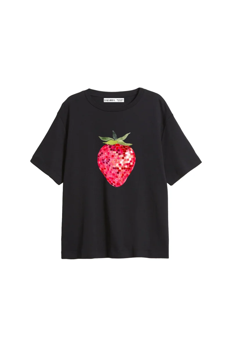 Strawberry Disco Baskılı Relaxed Fit Siyah Kadın Tshirt