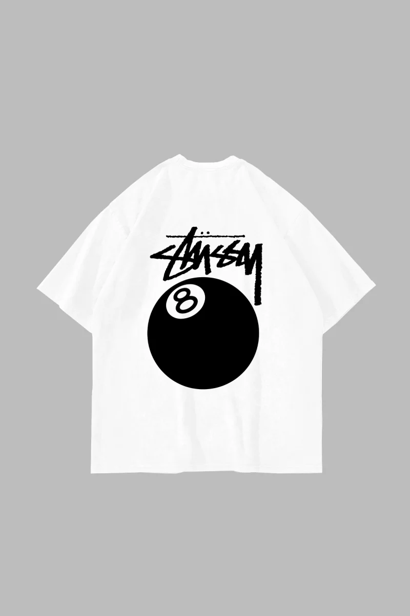 Sts. Eight Ball Baskılı Oversize Unisex Beyaz Tshirt
