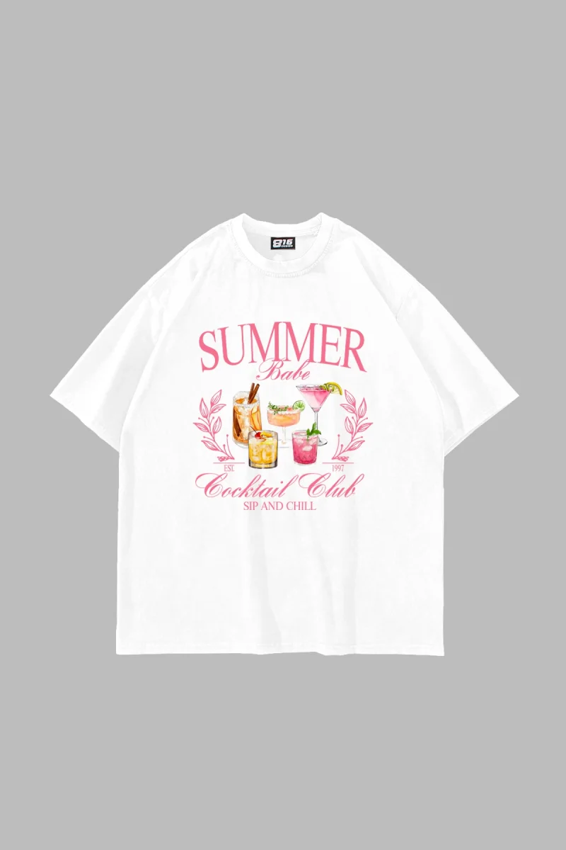 Summer Cocktail Baskılı Oversize Unisex Beyaz Tshirt