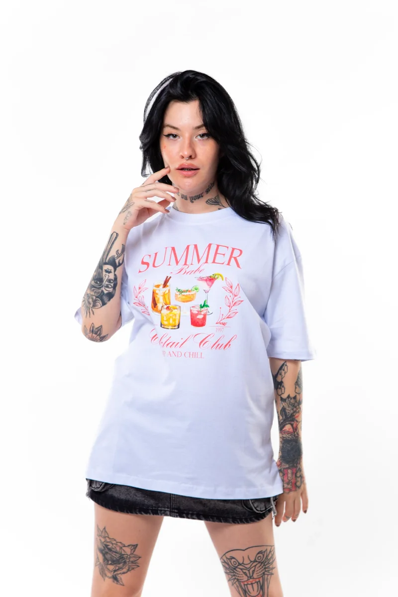 Summer Cocktail Baskılı Oversize Unisex Beyaz Tshirt