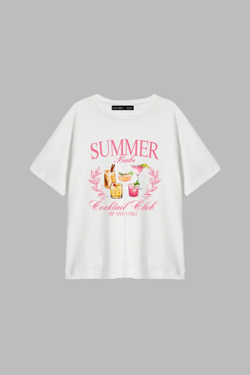 Summer Cocktail Baskılı Relaxed Fit Beyaz Kadın Tshirt