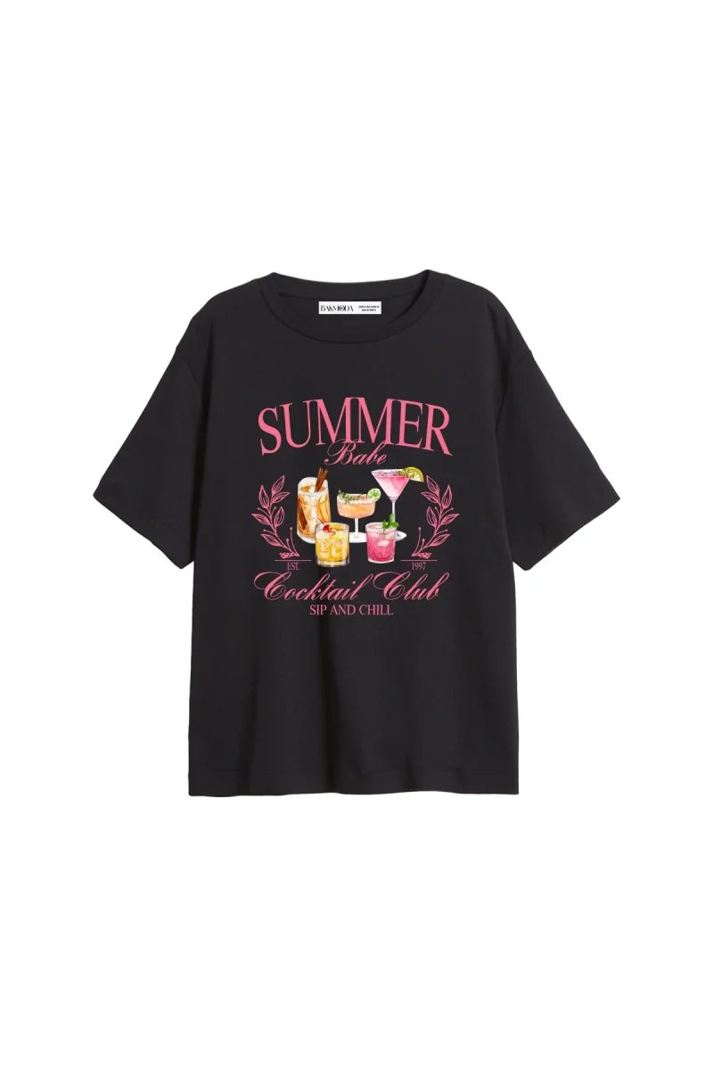 Summer Cocktail Baskılı Relaxed Fit Siyah Kadın Tshirt