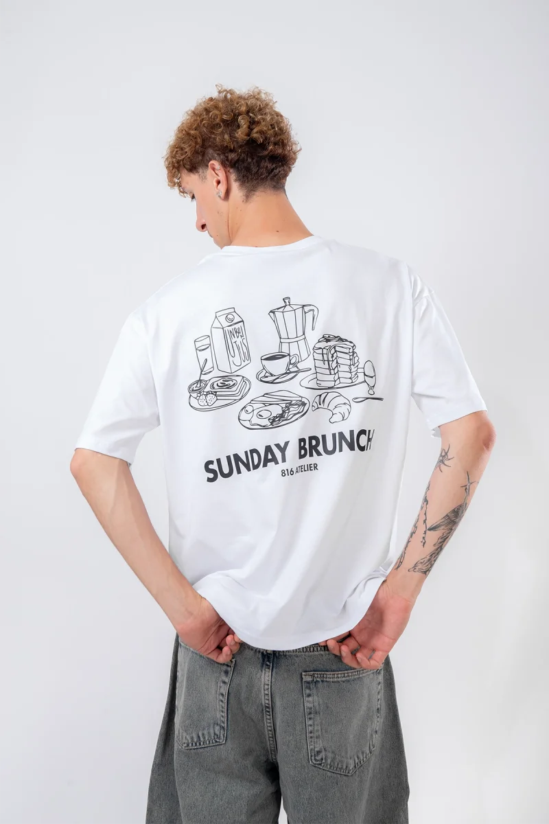Sunday Brunch Sırt Baskılı Beyaz Oversize Tshirt
