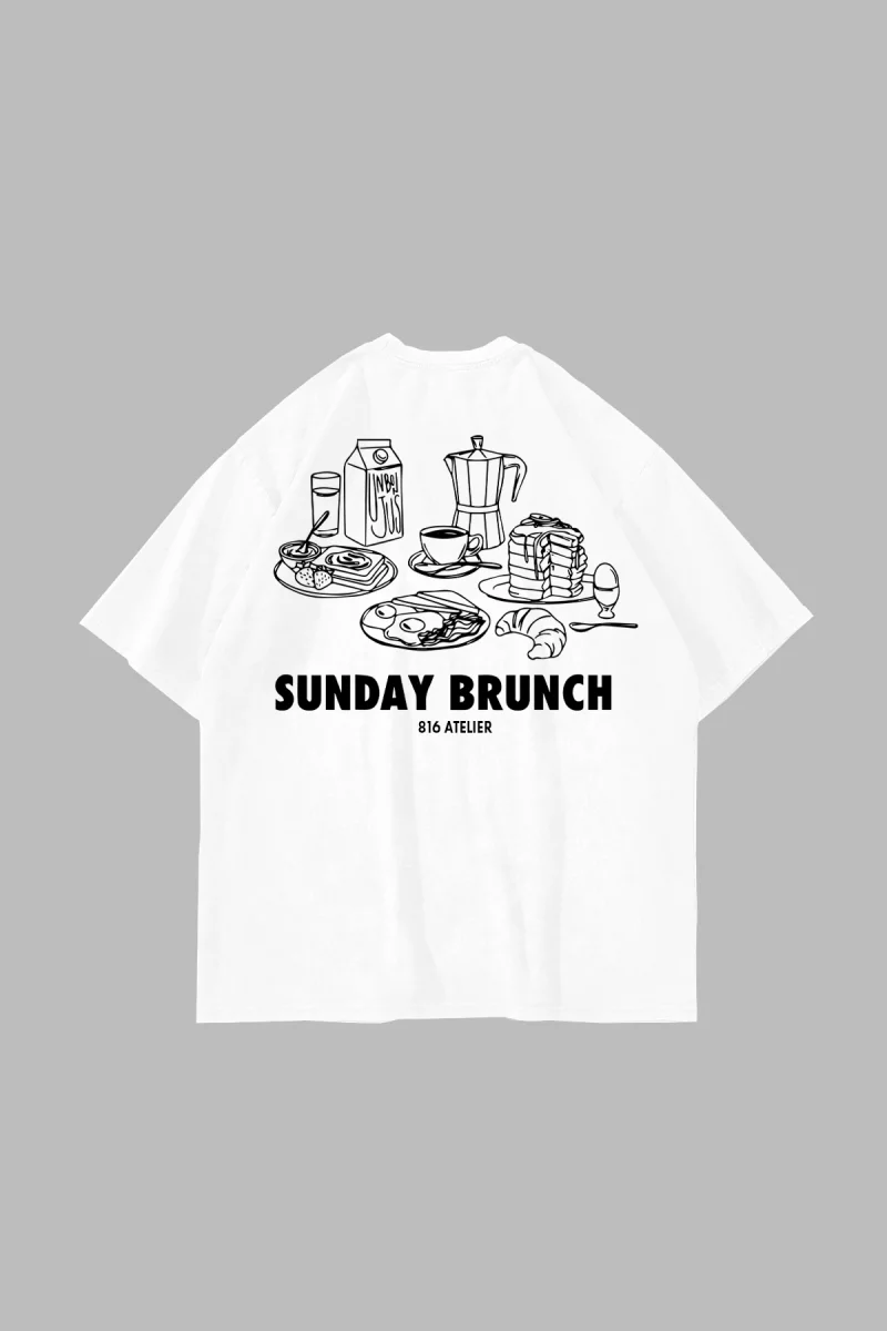 Sunday Brunch Sırt Baskılı Beyaz Oversize Tshirt