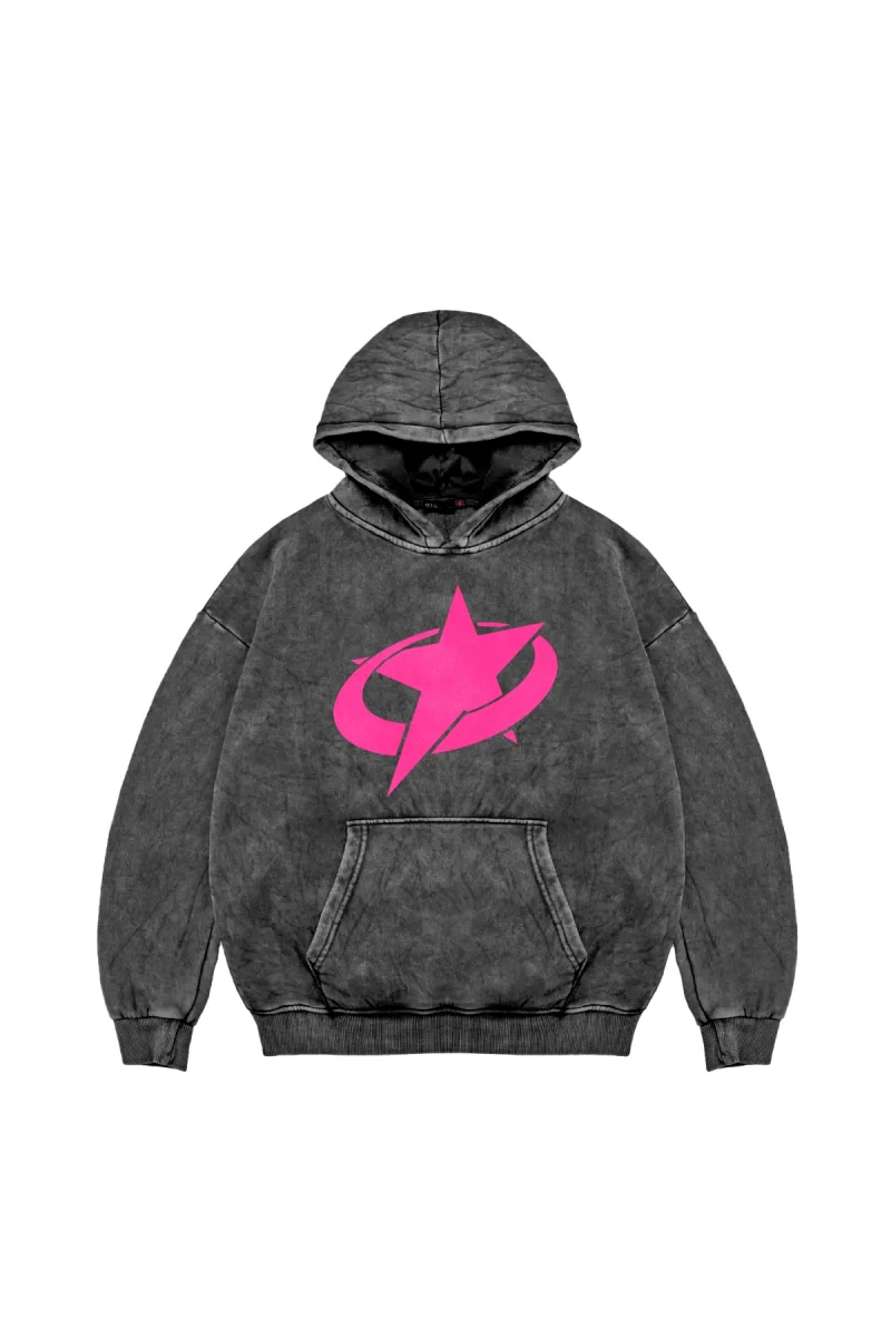 Supernova Pembe Baskılı Oversize Unisex Premium Yıkamalı Siyah Hoodie