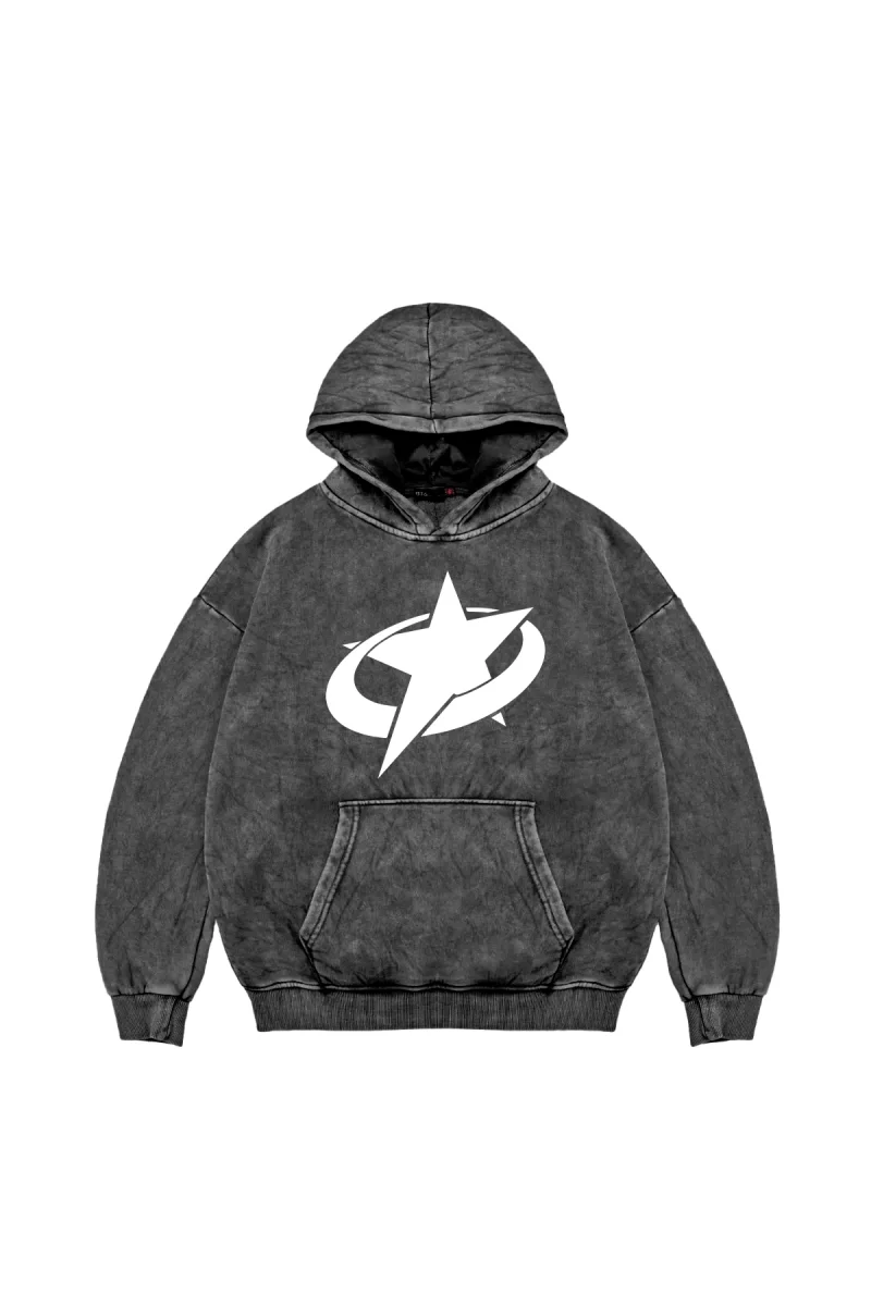 Supernova Beyaz Baskılı Oversize Unisex Premium Yıkamalı Siyah Hoodie
