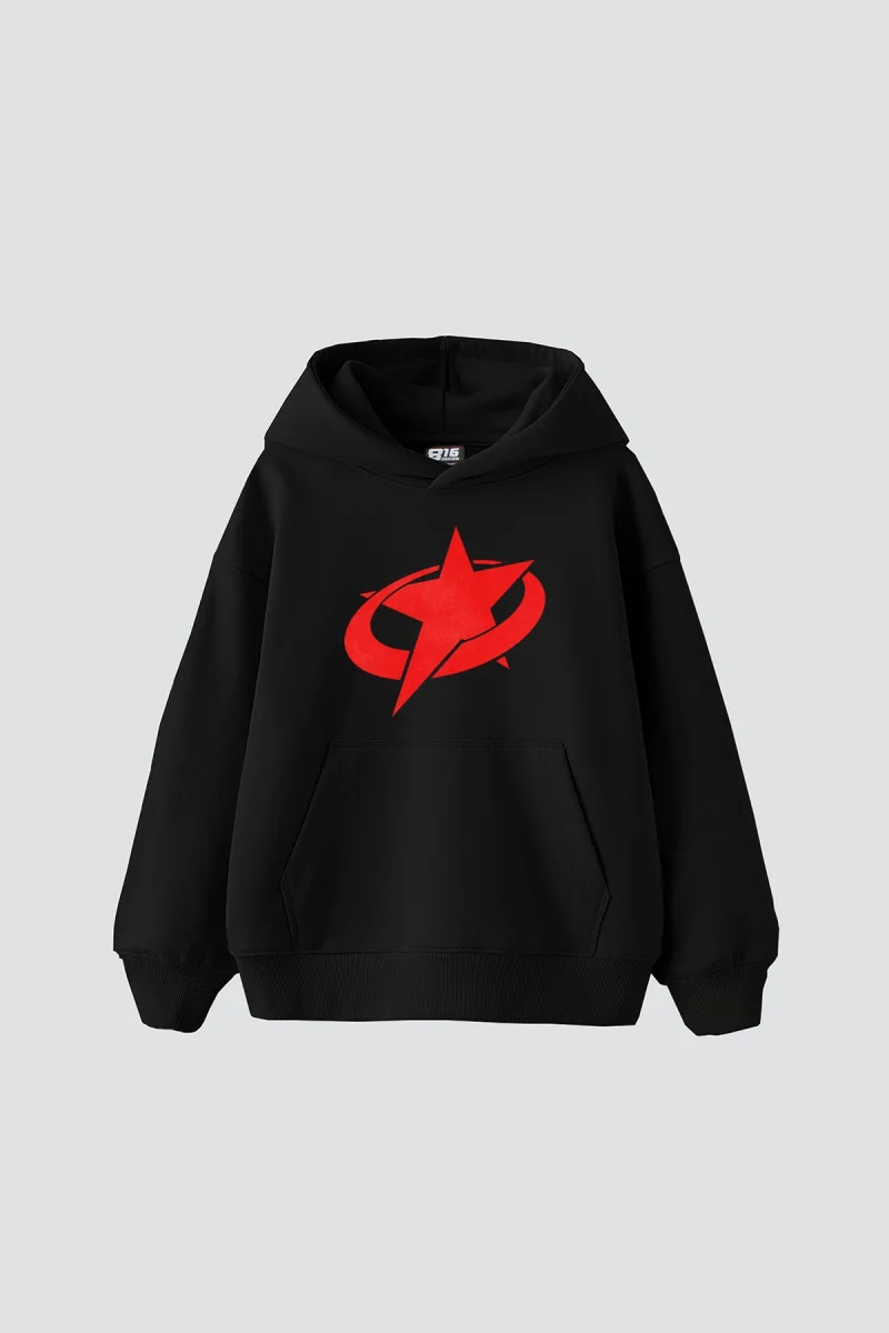 Supernova Kırmızı Baskılı Oversize Unisex Premium Siyah Hoodie