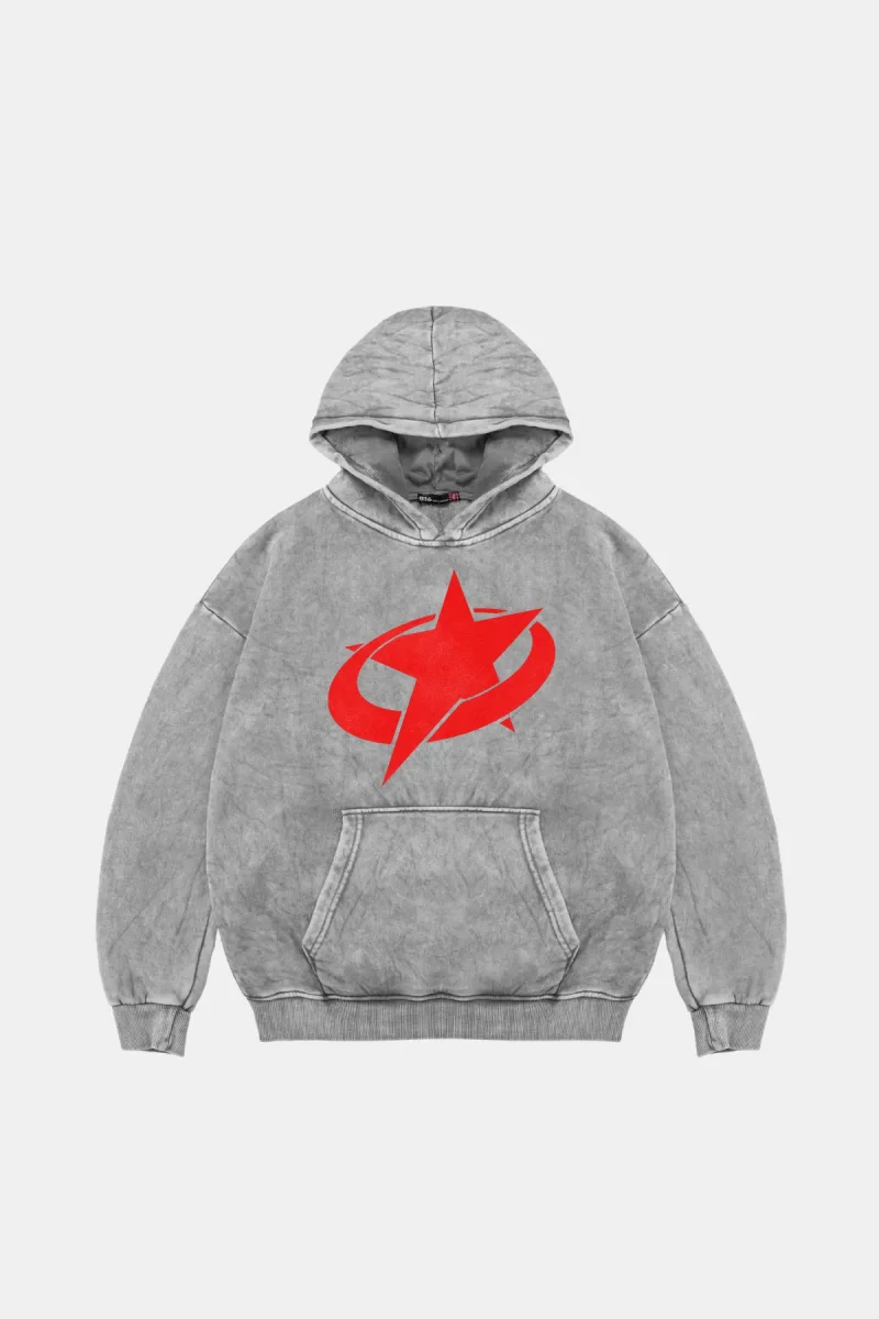 Supernova Kırmızı Baskılı Oversize Unisex Premium Yıkamalı Beyaz Hoodie