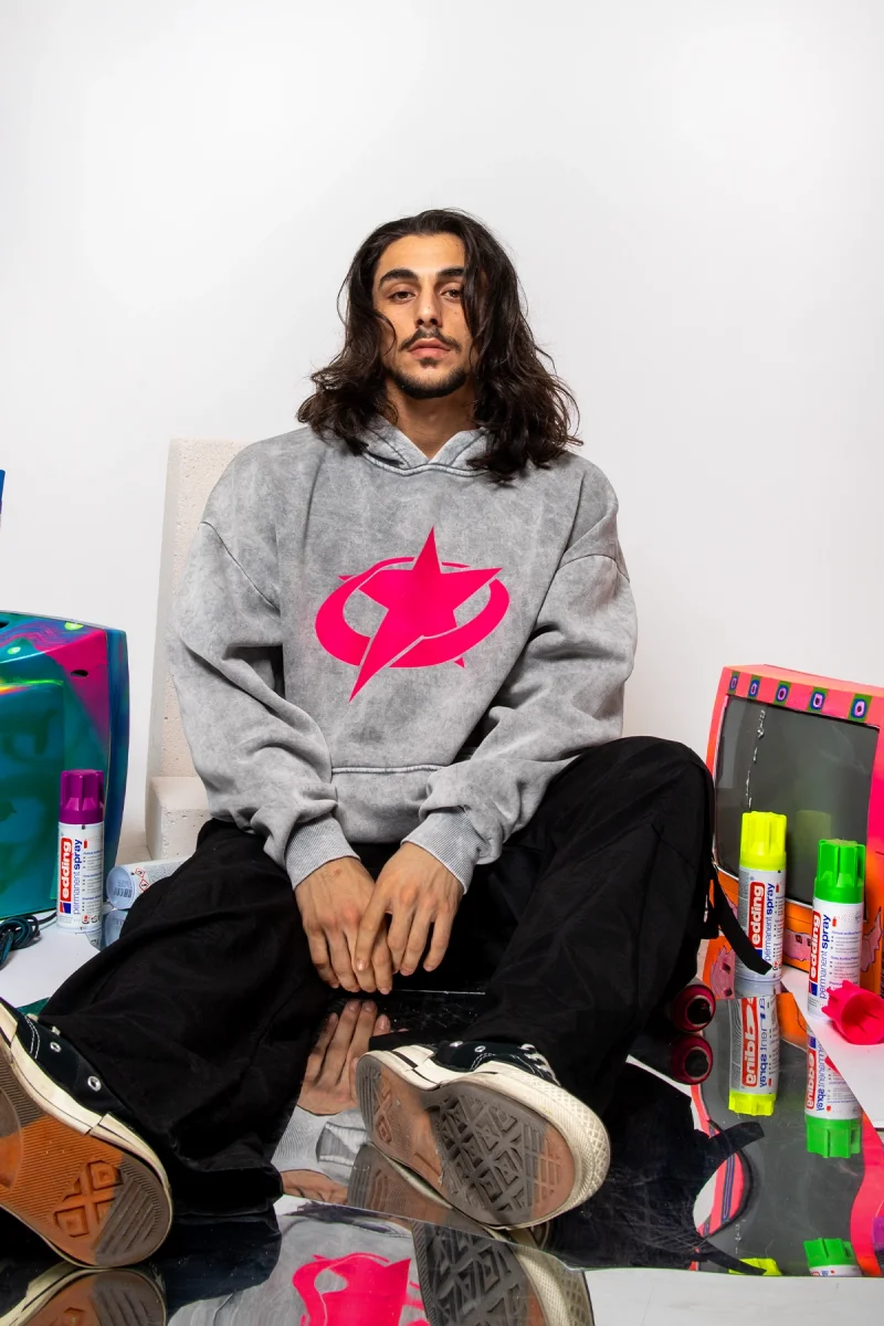 Supernova Pembe Baskılı Oversize Unisex Premium Yıkamalı Beyaz Hoodie
