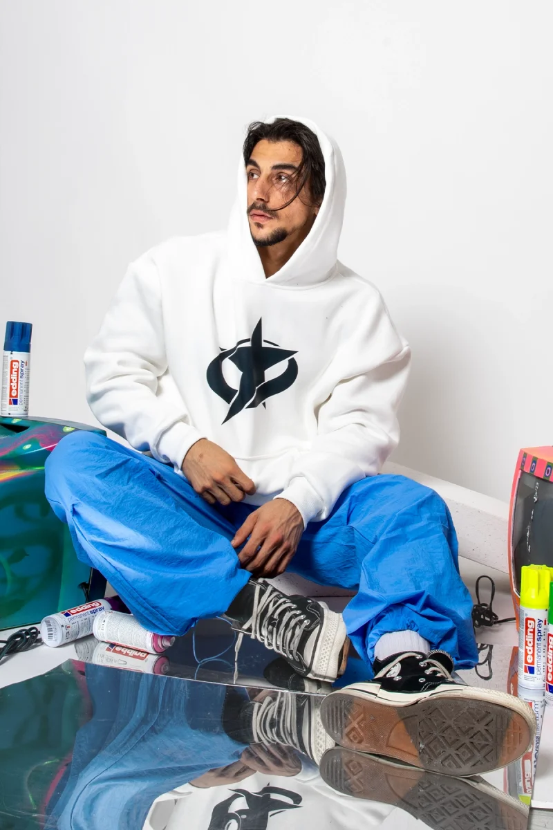 Supernova Siyah Baskılı Oversize Unisex Premium Beyaz Hoodie