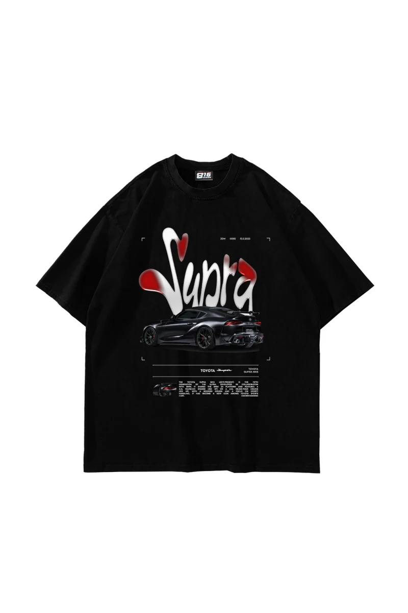 Supra Baskılı Oversize Unisex Siyah Tshirt