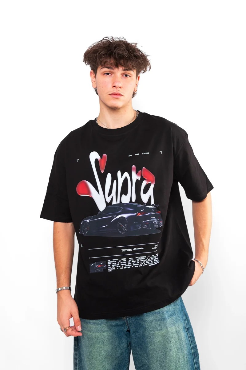 Supra Baskılı Oversize Unisex Siyah Tshirt