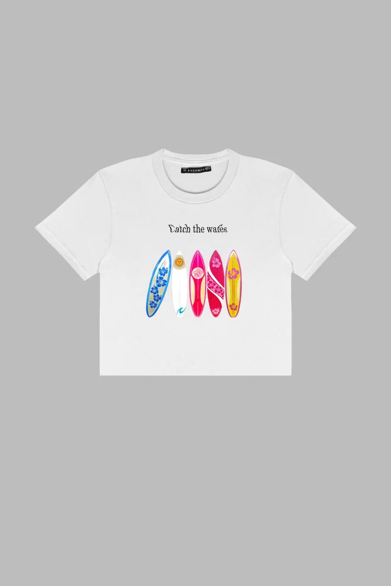 Surfer Baskılı Beyaz Crop Top