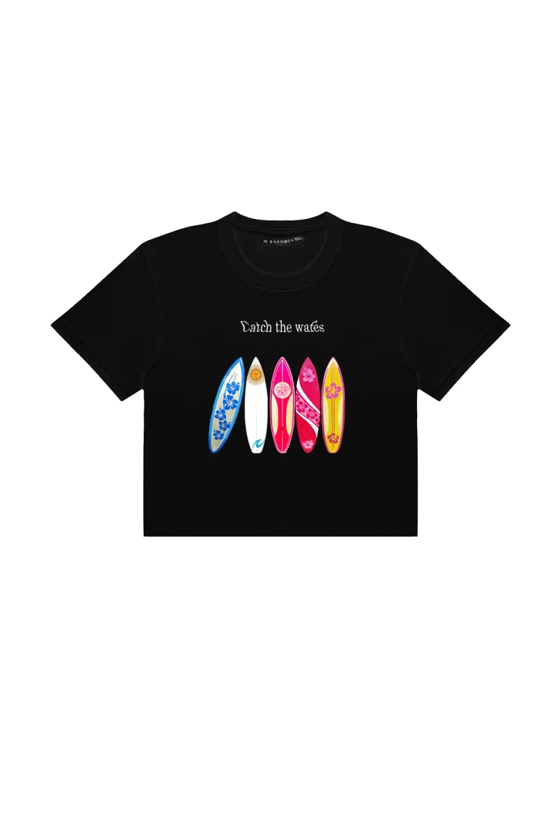Surfer Baskılı Siyah Crop Top