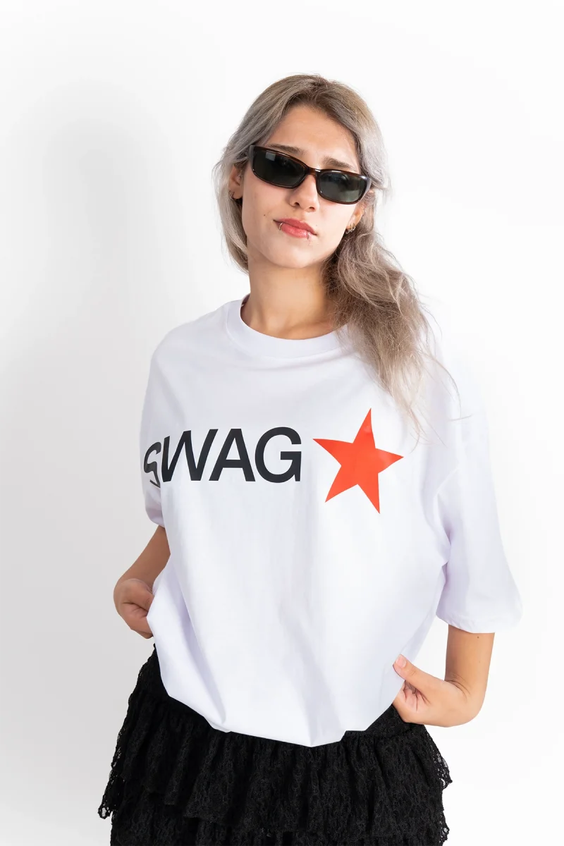 Swag Star Baskılı Oversize Beyaz Tshirt