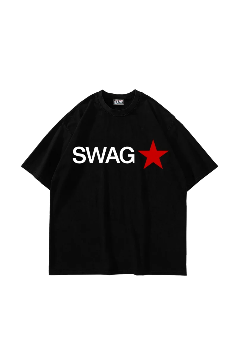 Swag Star Baskılı Oversize Siyah Tshirt
