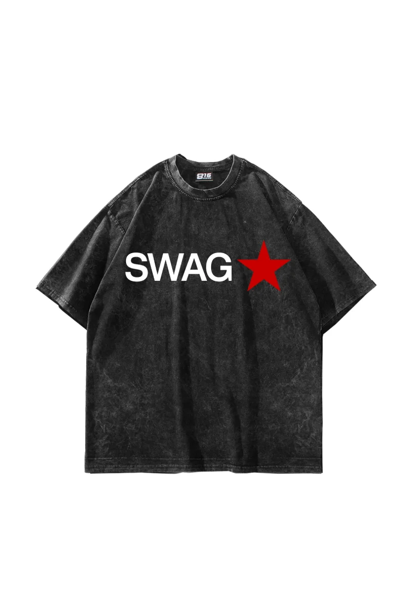 Swag Star Baskılı Oversize Yıkamalı Siyah Tshirt