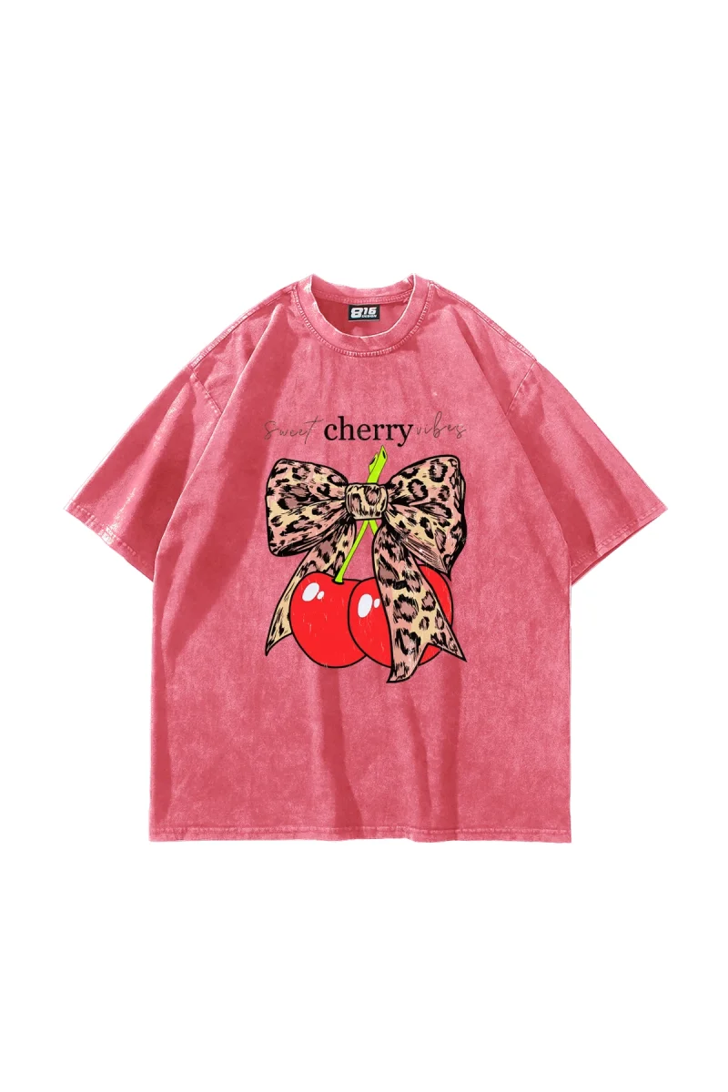 Sweet Cherry Vibes Baskılı Oversize Unisex Yıkamalı Pembe Tshirt