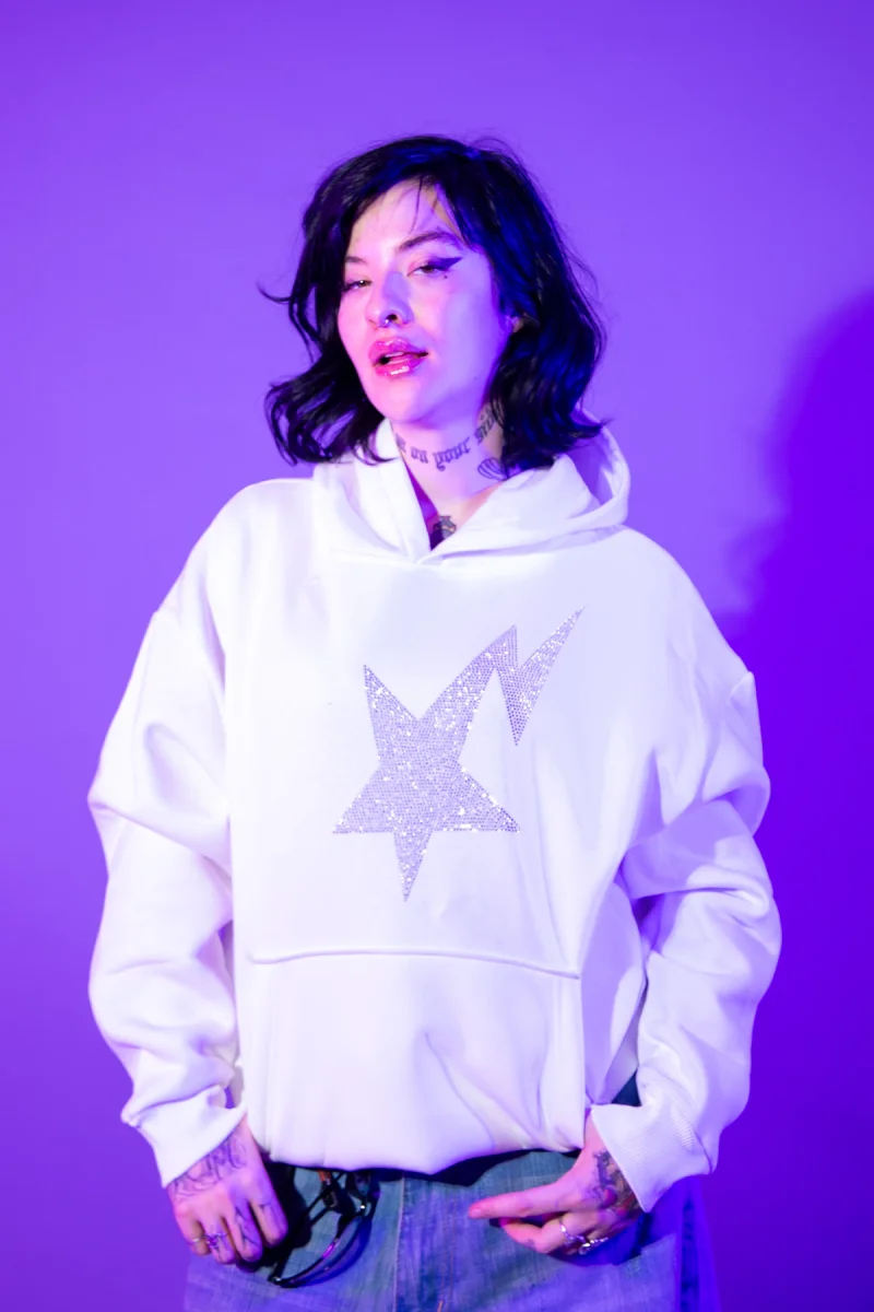 Taş Baskı Shining Star Oversize Unisex Premium Beyaz Hoodie